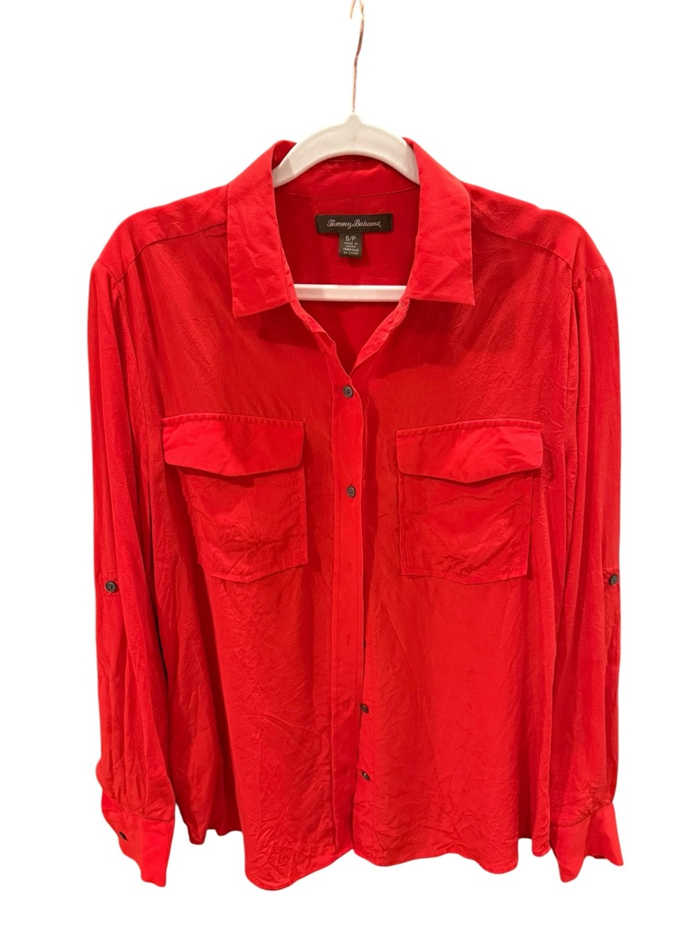 Tommy Bahama Red Button-Up Utility Shirt 100% Silk size S